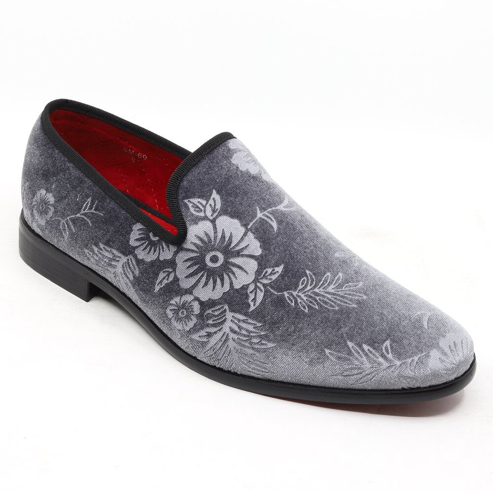 Gray Men's Fashion Floral Dress Tuxedo Loafers Slip On Shoes